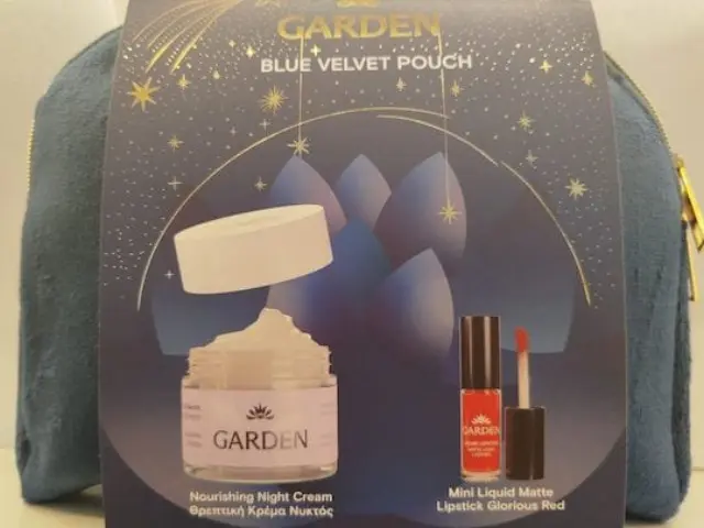 Garden Blue Velvet Pouch | Θρεπτική Κρέμα Νυκτός με Αβοκάντο, 50ml & Mini υγρό ματ κραγιόν μακράς διαρκείας Glorious Red 05, 1 τεμάχιο