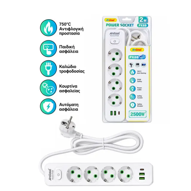 Andowl Πολύπριζο 4 Θέσεων με 2 USB, 1 Type-C, Καλώδιο 2m & Διακόπτη 2500W PX8B – 4-Way Power Strip 0751303
