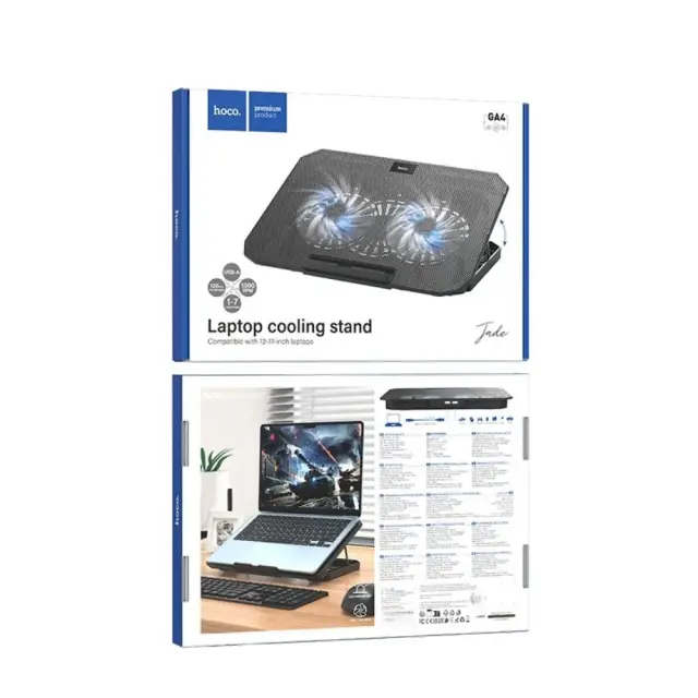 Laptop Cooler Hoco GA4 Jade Μαύρο με 2 Ανεμιστηράκια 7 Επιπέδων Έντασης και Φωτισμό για Φορητούς Υπολογιστές έως 17" 2