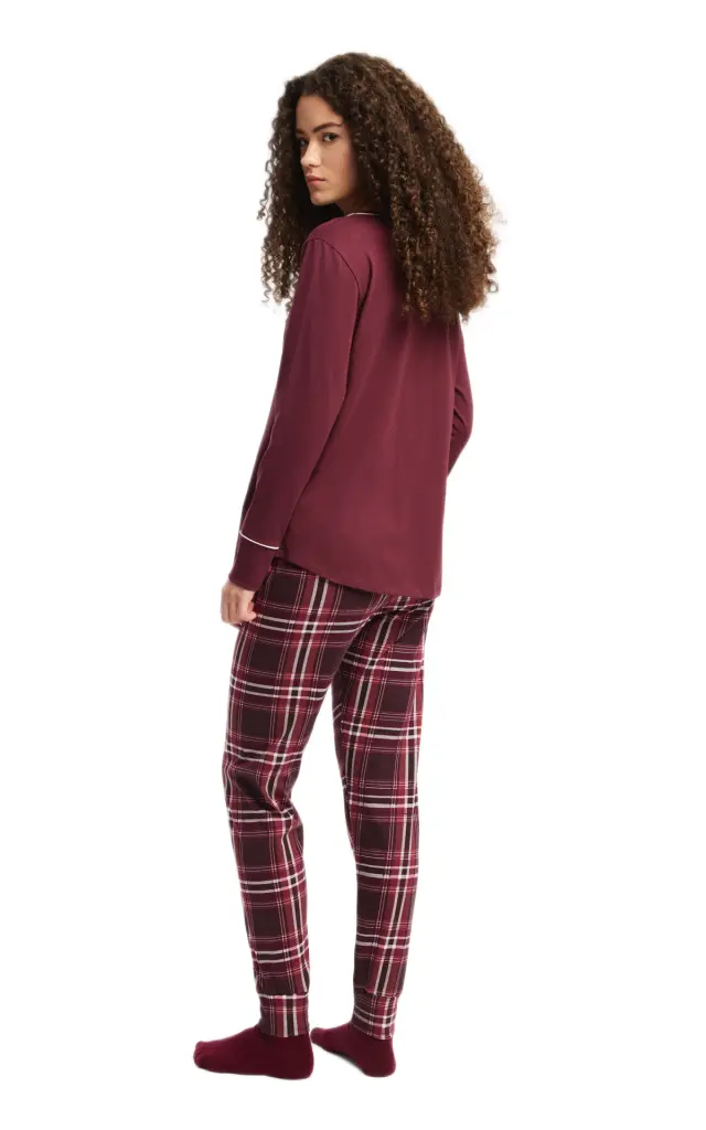 Minerva Γυναικεία Πυτζάμα V-Neck A/O Pants, Χρώμα Μπορντό 2