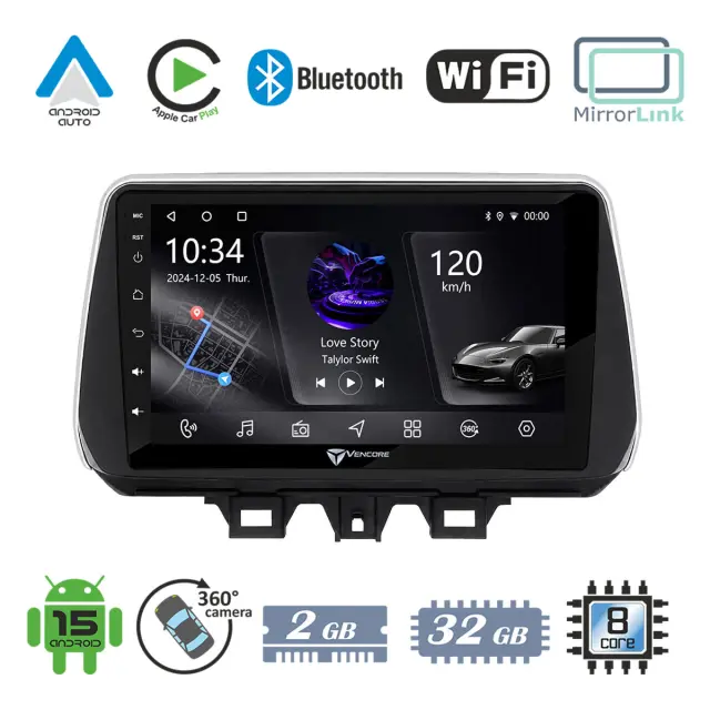 VenCore Οθόνη Multimedia Android 15 10.1" PX5S Octa-Core 2GB/32GB IPS με Πρόσοψη, CarPlay, Android Auto και Υποστήριξη Κάμερας 360° για Hyundai ix35 2018-2020 – Μαύρη (3236-10006-0609B)