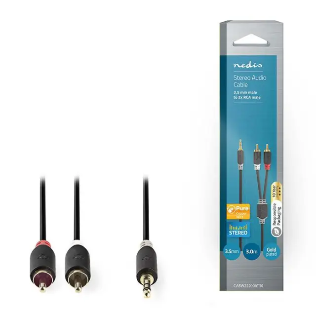 Καλώδιο 2x RCA αρσ. - 3,5mm Stereo αρσ, 3m.
