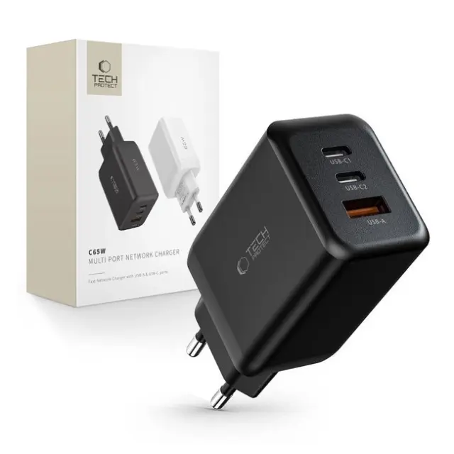 Tech-Protect Φορτιστής C65W 2x USB-C PD 65W / USB-A QC 3.0 Black