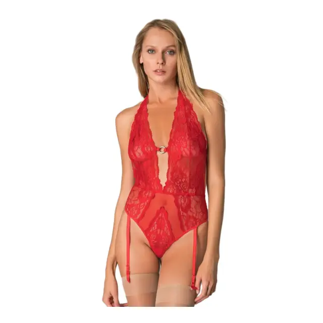 Milena Γυναικείο Κορμάκι String Ζαρτιέρες Δαντέλα Δίχτυ, Χρώμα Κόκκινο