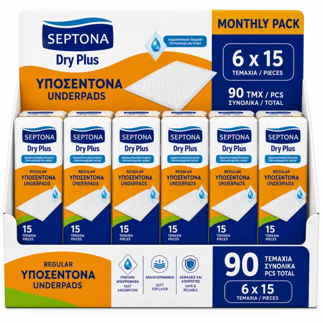 Septona Dry Plus Regular Υποσέντονα Μιας Χρήσης 60x90 Monthly Pack 6x15 (90τμχ)