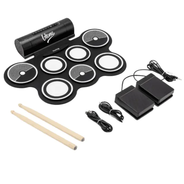 V-TONE RD7 electronic drum kit roll-up USB-C AUX 7 pads pedals drumsticks built-in speakers 2x3W headphone output percussion set