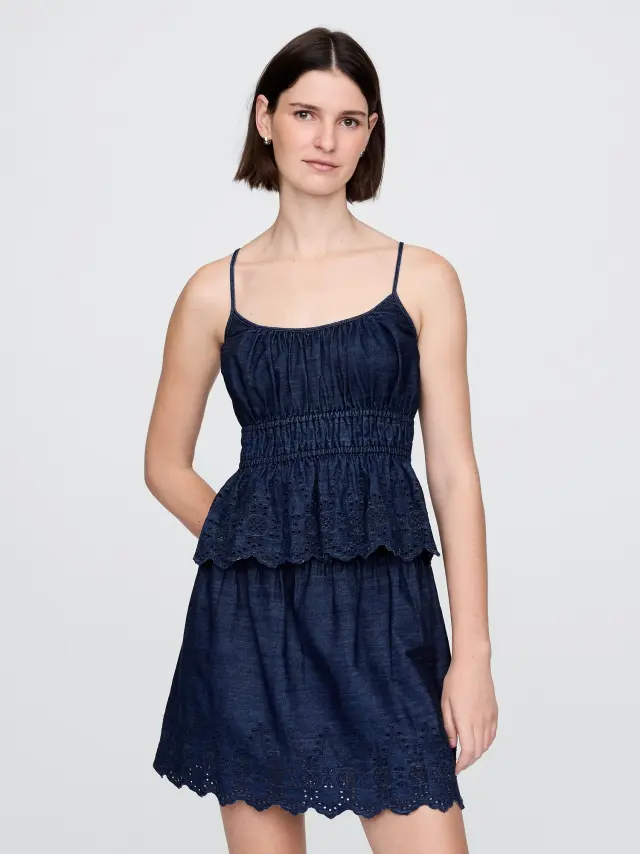 Smocked Eyelet Denim Cami Medium wash