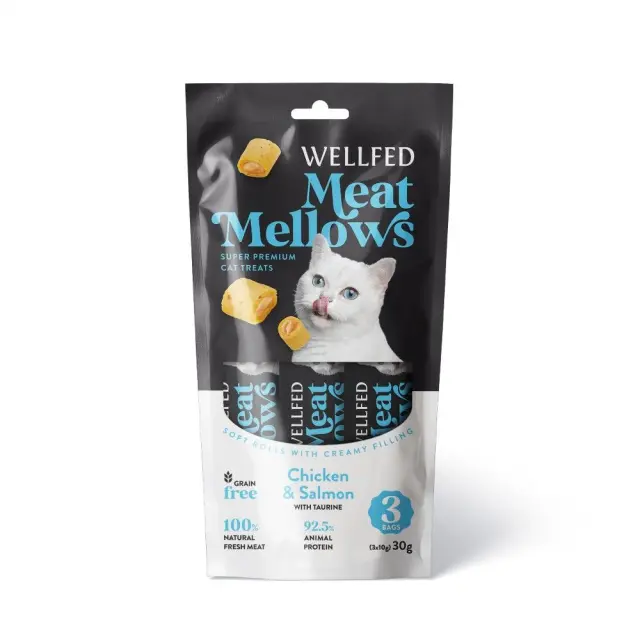 Wellfed Meat Mellows Λιχουδιά σε Ρολάκια με Γεύση Κοτόπουλο & Σολομό για Γάτες (3x10gr) Μονόχρωμο