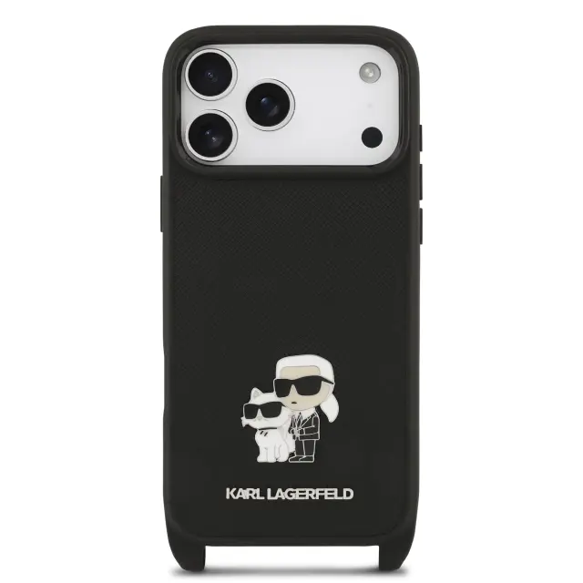 Karl Lagerfeld Saffiano Crossbody Strap Metal Karl and Choupette Case for iPhone 17 Pro Black 3