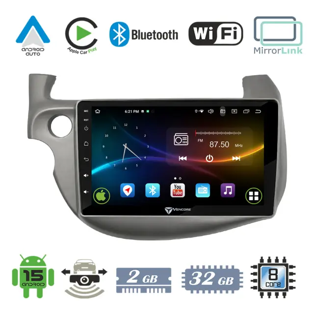 VenCore Οθόνη Multimedia Android 15 10.1" 9109A MTK6762 Octa-Core 2GB/32GB IPS με Πρόσοψη, CarPlay, Android Auto και Υποστήριξη Κάμερας Οπισθοπορείας AHD για Honda Jazz 2009-2013 – Ασημί (3236-10008-0197S)