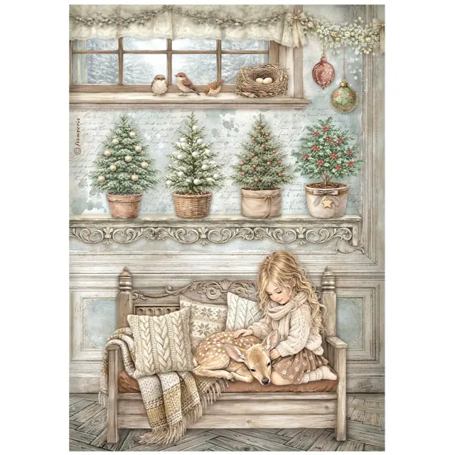 Ριζόχαρτο ντεκουπάζ Stamperia 21x29cm A4, White Christmas, Παιδάκι και ζαρκάδι