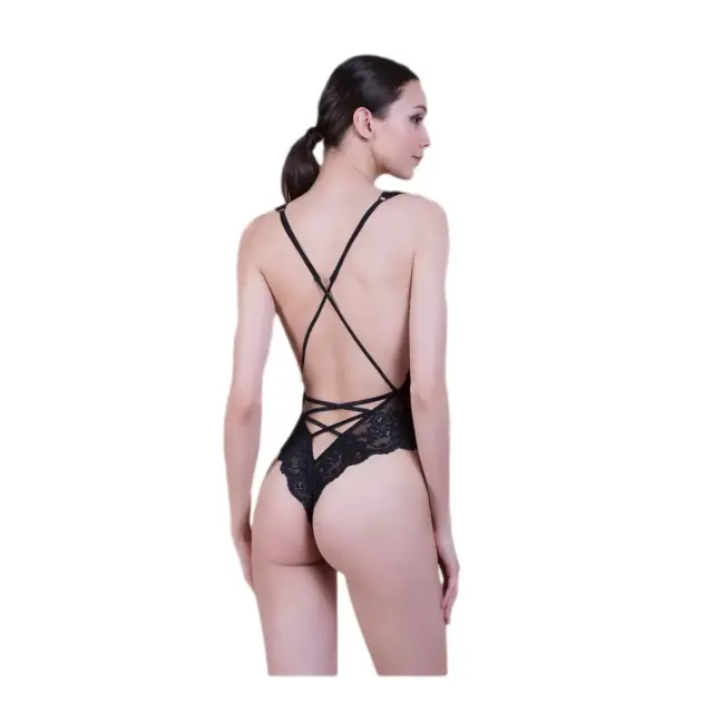 Milena Γυναικείο Κορμάκι String Όλο Δαντέλα Ανοιχτό Ντεκολτέ Σχέδιο Λάστιχα, Χρώμα Μαύρο - L 2