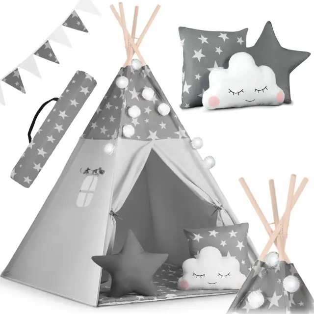Nukido Παιδική σκηνή Teepee με γιρλάντα και φως σε γκρι χρώμα με μοτίβο αστεριάκια 120x120x165cm