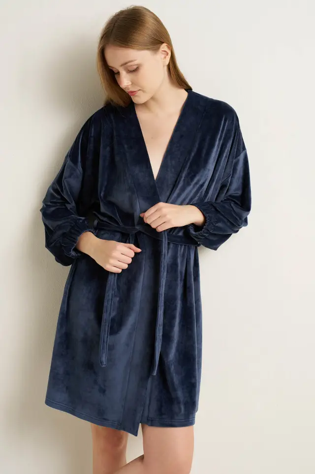 Vamp Γυναικεία Βελουτέ Ρόμπα Blue Indigo - L