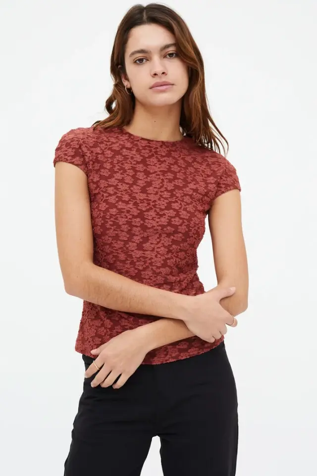 COMPANIA FANTASTICA Καφέ Φλοράλ Μπλούζα με Κοντό Μανίκι Φλοράλ