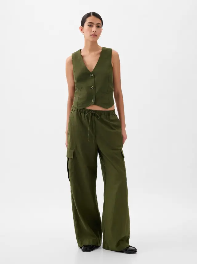 Πράσινο Λινό-Βαμβάκι Pull-On Cargo Παντελόνι olive green - S