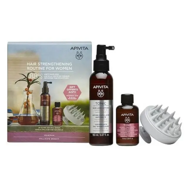 Apivita Promo Hair Strengthening Routine for Women Πρόγραμμα Ενδυνάμωσης Μαλλιών για Γυναίκες με Hair Loss Lotion Λοσιόν κατά της Τριχόπτωσης, 150ml + Δώρο Tonic Shampoo Τονωτικό Σαμπουάν, 75ml + Scalp Brush Massager, 1σετ