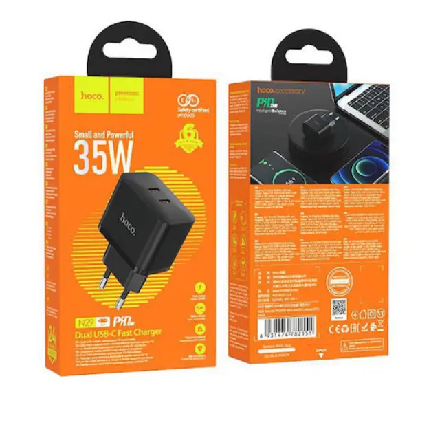 Hoco Ταχυφορτιστής με 2 Θύρες USB-C Χωρίς Καλώδιο 35W Power Μαύρο (N29 Triumph) 3