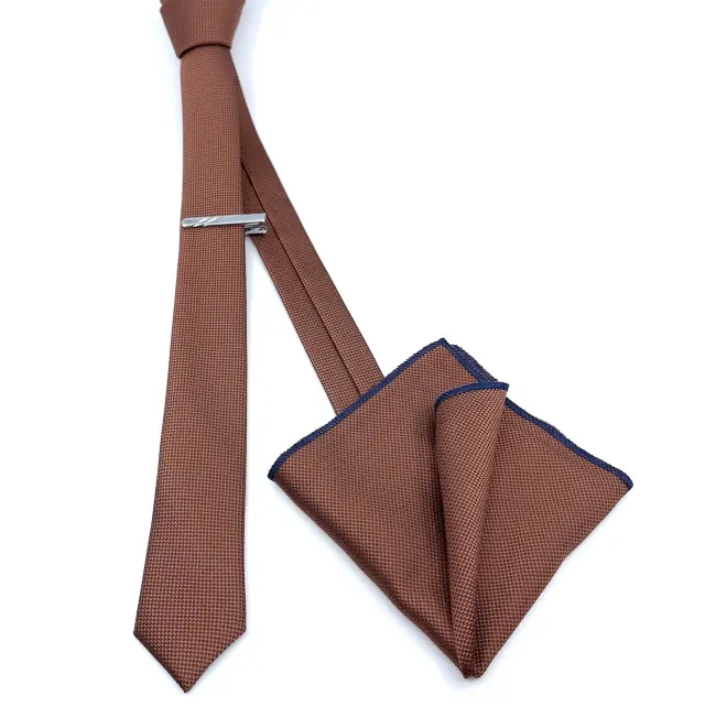 Κεραμιδί Oxford Γραβάτα Slim 4,5 cm Σετ με Μαντηλάκι 2