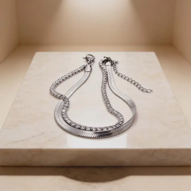Silver Multi-Chain Bracelet with Crystal Riviera
