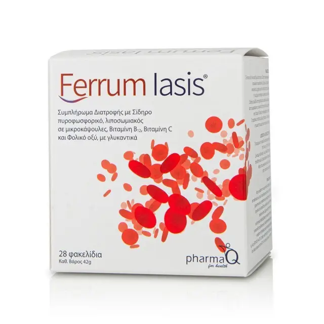 Ferrum Iasis Sachets Συμπλήρωμα Διατροφής με Λιποσωμιακό Σίδηρο, Βιταμίνη C, B12 και Φολικό Οξύ, Γεύση Πορτοκάλι, 28 φακελίδια