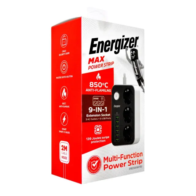 Επιτραπέζιος Φορτιστής Energizer EPB2500W01EU 2500W 10A Max με 3xΣούκο + 6xUSB-A 17W, Διακόπτη Ασφαλείας On/Off με Καλώδιο 2m Μαύρος 2