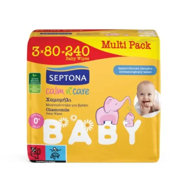 SEPTONA Calm N' Care Chamomile Μωρομάντηλα χωρίς Οινόπνευμα & Parabens με Χαμομήλι 3x80τμχ