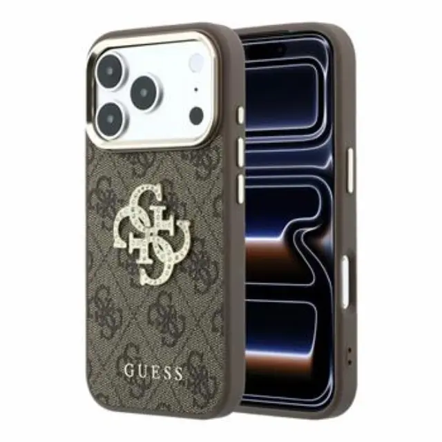 Guess PU 4G Strass Metal Logo Case for iPhone 18 Pro Brown