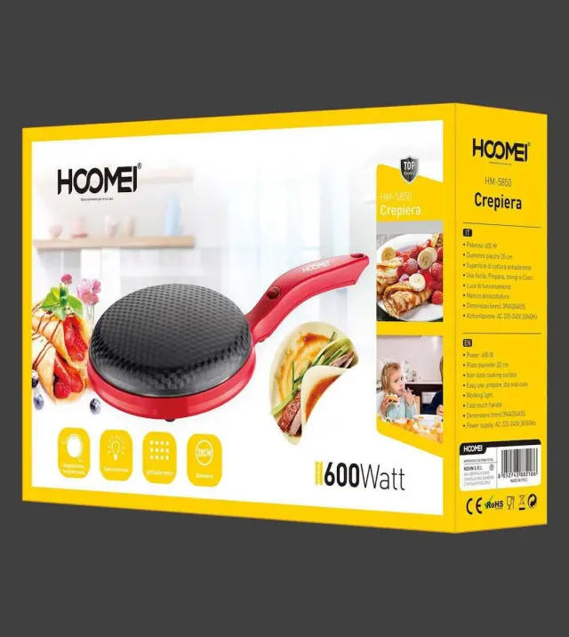 Hoomei HM-5850 Κρεπιέρα 20cm Κόκκινη 600W 2