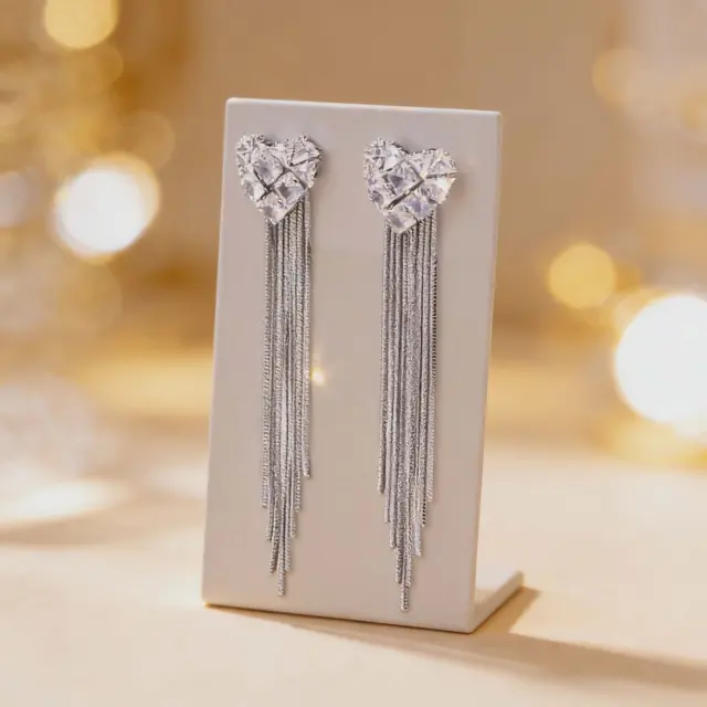 Silver Earrings with Crystal Heart & Chain Tassels