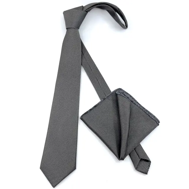 Γραβάτα Microfiber σε Σκούρο Γκρι Μοτίβο Σετ με Μαντηλάκι 2