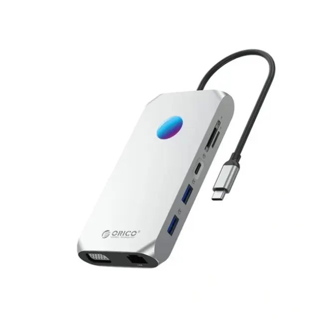 Orico Docking Station XCR 12in1 RGB 3x USB-A 3.1 1x USB-A 2.0 1x USB-C PD 100 W 1x USB-C 3.1 1x HDMI 1.4 4K30Hz 1x VGA 1080p 1x microSD/SD 3.0 1x RJ Gigabit Ethernet 1x Audio CTIA 3.5mm Silver