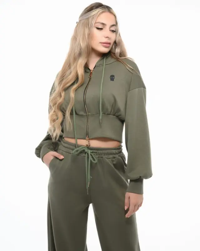 Ghetto Women’s Olive Cropped Zip Hoodie + Wide-Leg Jogger Set 3