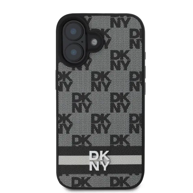 DKNY PU Leather Checkered Pattern and Stripe Case for iPhone 16 Black 2