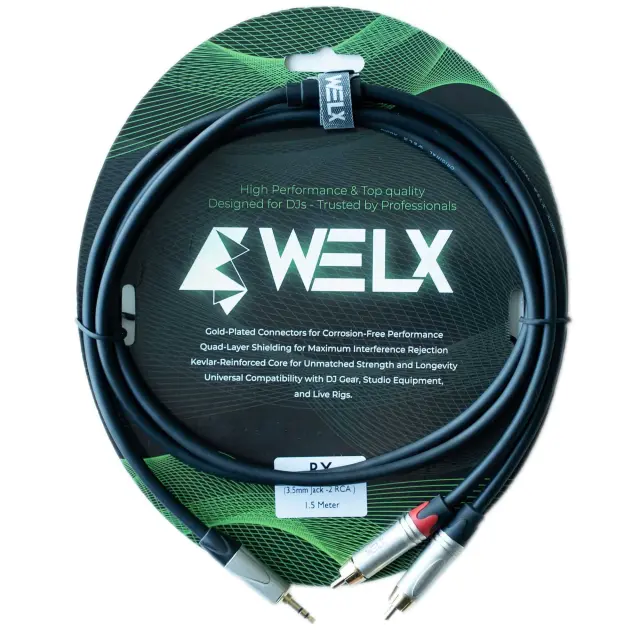 WELX Premium 2 X RCA to 1 X MINI JACK Cable – 1.5m (RX) (Black)