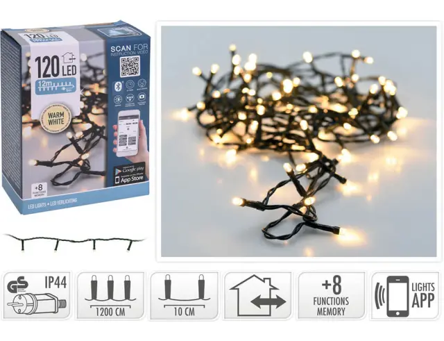 120 Φωτάκια LED - 12 Μέτρα + 5 Μέτρα σύνδεσης (AX8718500), Κανονική Διάταξη, με Bluetooth, 8 προγράμματα, Πράσινο καλώδιο PVC - Με Dimmer Και Έλεγχο μέσω Κινητού Τηλεφώνου - Θερμό λευκόAX8718500 2