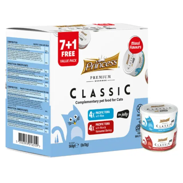 Princess Premium Classic Combo Κονσέρβα Γάτας με Τόνο, Γαρίδα & Ρύζι Μιξ 2 Γεύσεις 70gr (7 + 1 Δώρο)