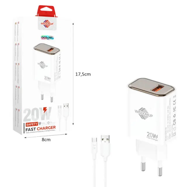 Wisdomup Φορτιστής Ταχείας Φόρτισης 20W USB-C με Καλώδιο USB-C σε Type-C OCD-29T - Fast Charger with USB-C to Type-C Cable 025184 2