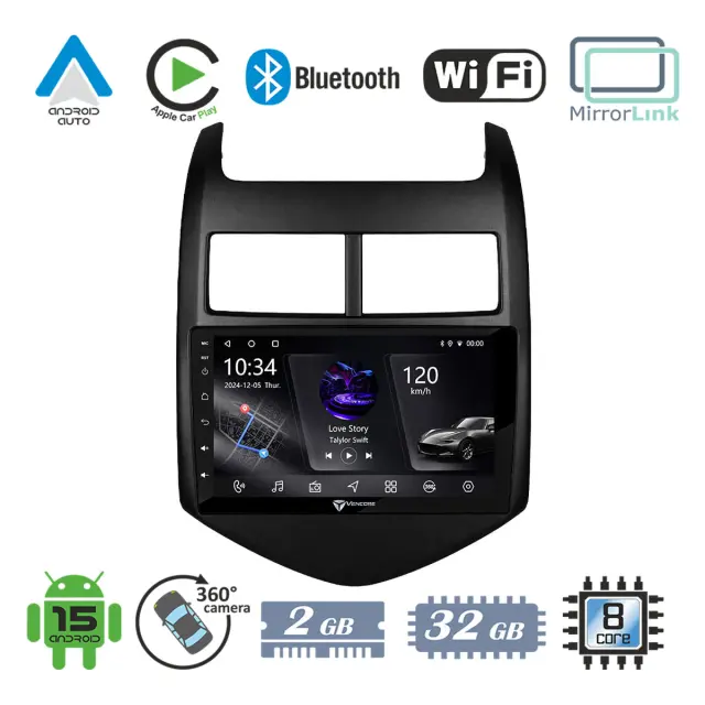 VenCore Οθόνη Multimedia Android 15 9" PX5S Octa-Core 2GB/32GB IPS με Πρόσοψη, CarPlay, Android Auto και Υποστήριξη Κάμερας 360° για Chevrolet Aveo 2011-2017 – Μαύρη (3236-10005-0243B)