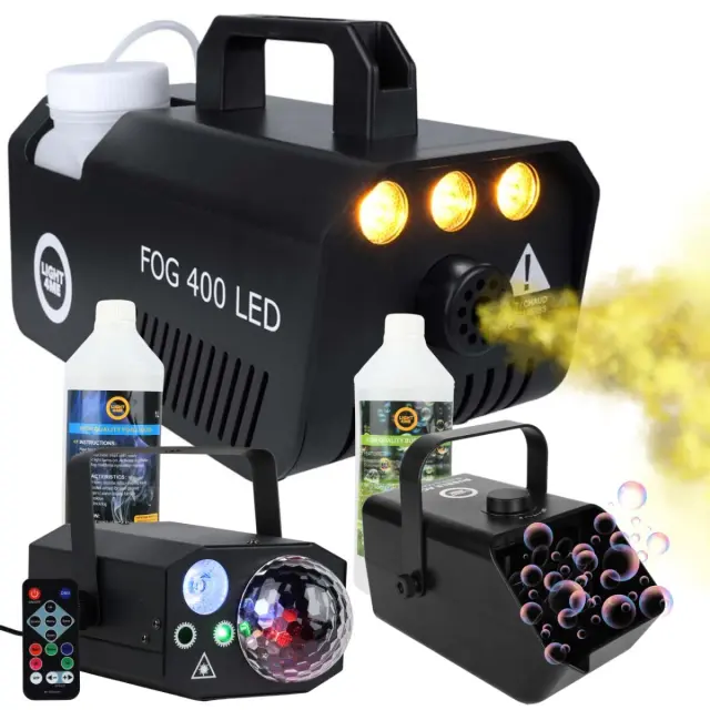 LIGHT4ME GIG SET 2 smoke machine 400W LED smoke liquid 1L battery-powered bubble machine bubble liquid 1L 4-in-1 lighting effect RGBW+RGB+R/G laser set for events and parties
