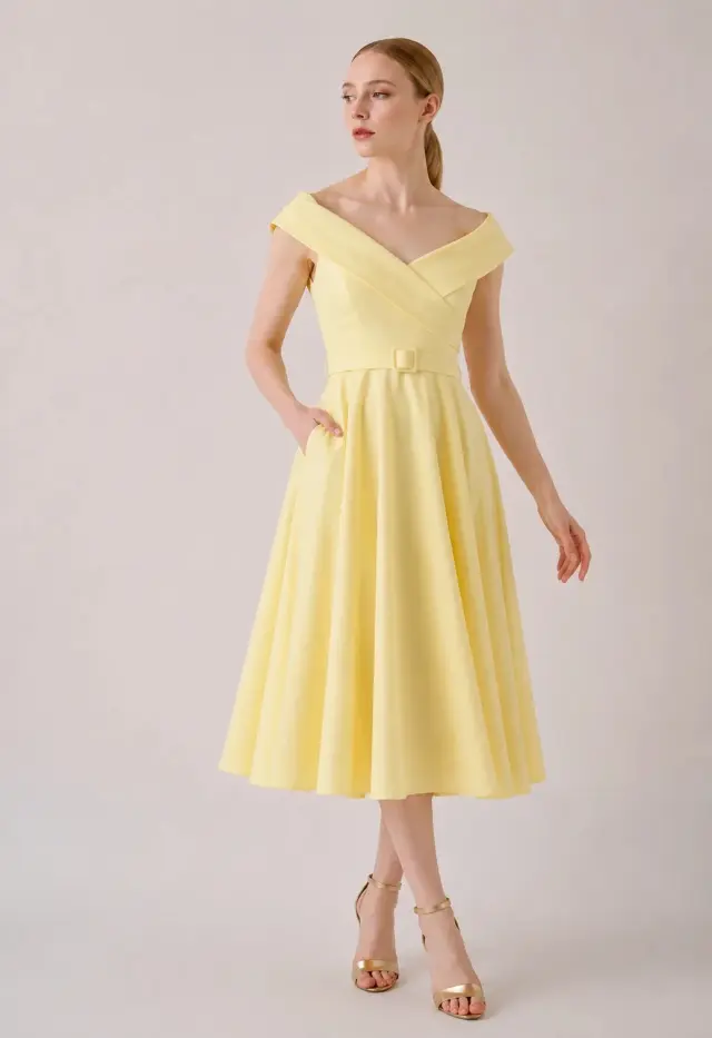 DESIREE Midi Off Shoulder Φόρεμα με Ζώνη Κίτρινο - M