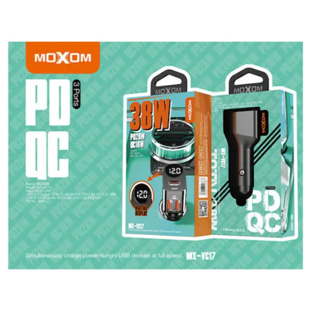 Moxom MX-VC17 Φορτιστής Αυτοκινήτου με Θύρες: 2xUSB 1xType-C και Βολτόμετρο Μαύρο Χρώμα 3