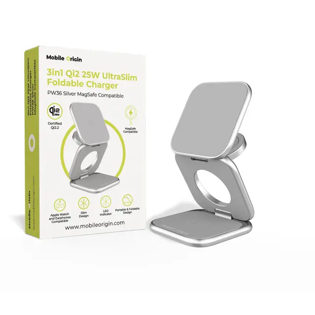 Mobile Origin 3in1 Qi2 25W UltraSlim Foldable Charger PW36 MagSafe Compatible Silver