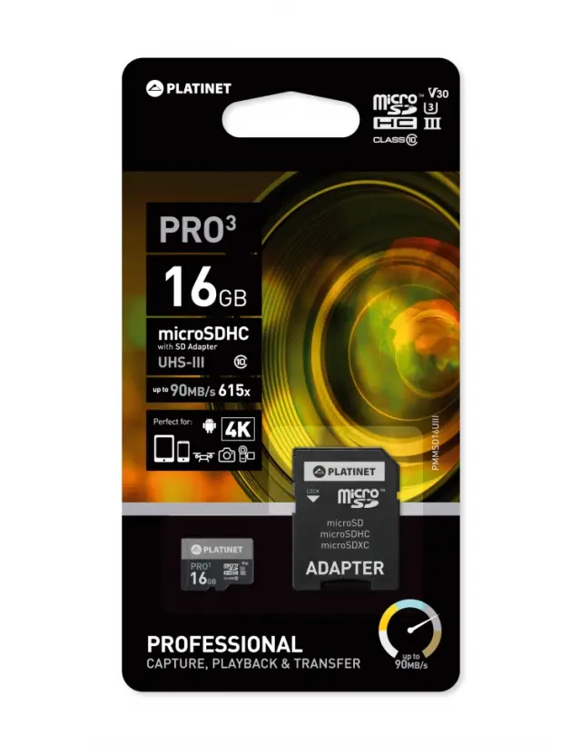 PLATINET microSDXC SECURE DIGITAL + ADAPTER SD 16GB class10 UIII 90MB/s [44001]