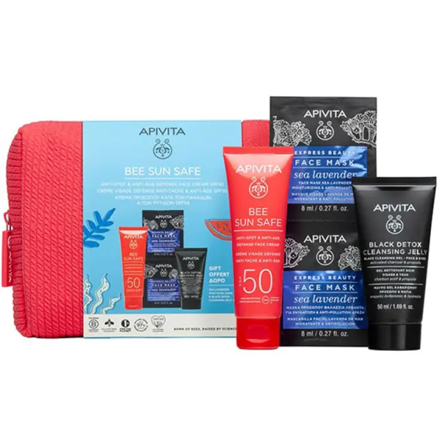 Apivita Promo Bee Sun Safe Anti Spot + Anti Age Defense Face Cream Κρέμα Προσώπου SPF50+, 50ml + Δώρο Black Detox Cleansing Jelly Μαύρο Gel Kαθαρισμού, 50ml + Express Beauty Face Mask Sea Lavender Μάσκα Προσώπου Θαλάσσια Λεβάντα, 2x8ml, 1σετ