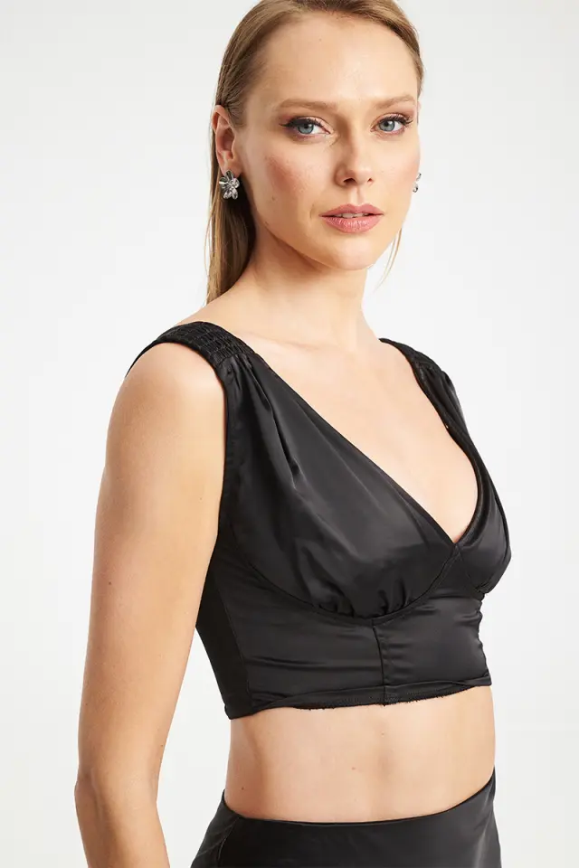 Satin Crop Top με V Ντεκολτέ & Σούρες BESS TOP - XS 3
