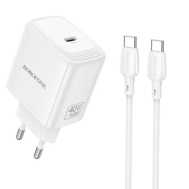 Φορτιστής Ταξιδίου Borofone BN33 Fuente GaN USB-C PD40W + Καλώδιο Φόρτισης USB-C σε USB-C Λευκός