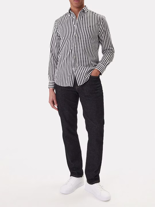 Tommy Hilfiger Ανδρικό Ριγέ Βαμβακερό Πουκάμισο σε Κανονική Γραμμή Άσπρο Μαύρο - XL 2