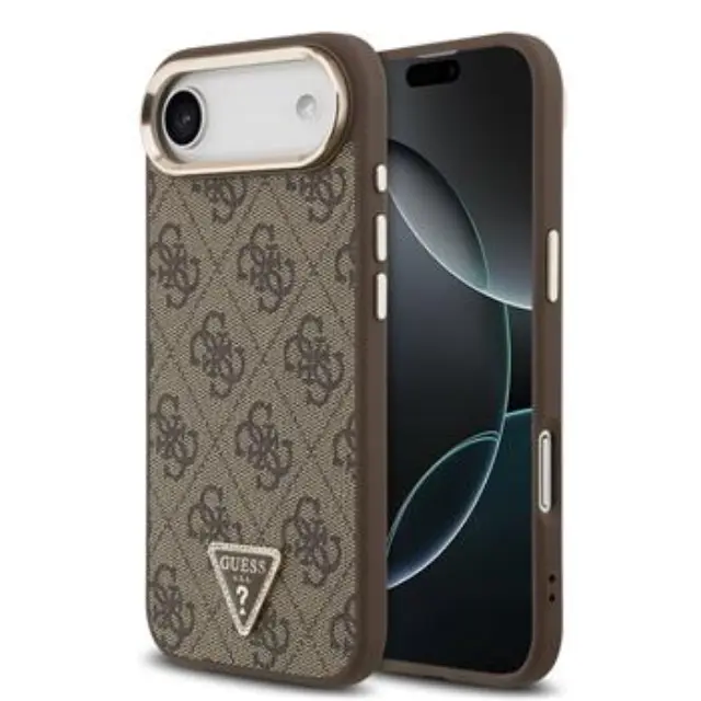 Guess PU Leather 4G Strass Triangle Logo Gold Frame MagSafe Case for iPhone Air Brown