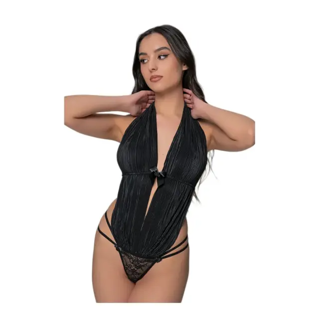 Milena Γυναικείο Κορμάκι String Πλισέ Δαντέλα, Χρώμα Μαύρο 2
